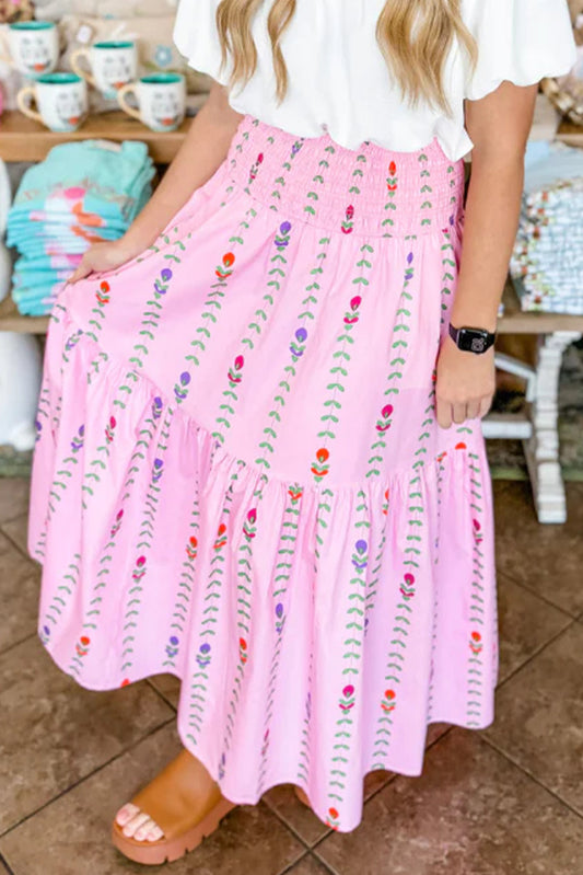 Pink Printed Smocked Tiered Maxi Skirt - Mudiwa 