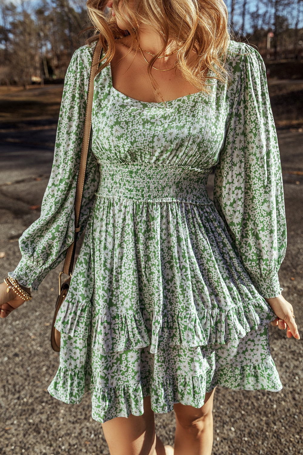 Green Floral Print Square Neck Shirred Waist Tiered Ruffled Mini Dress - Mudiwa 