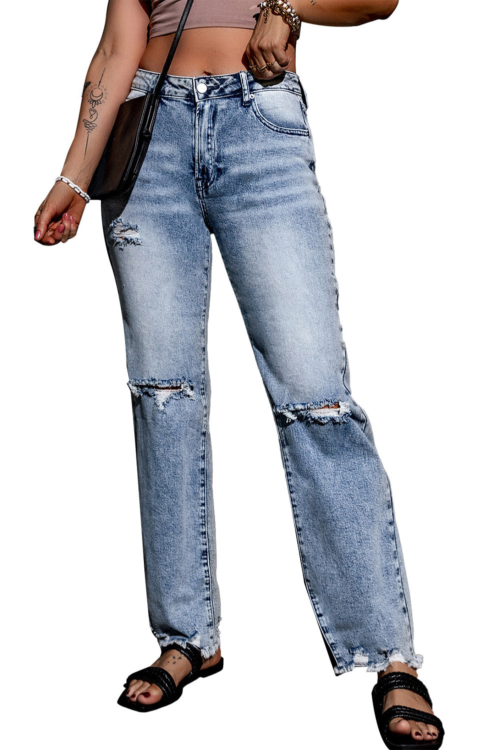 Sky Blue Washed Ripped Wide Leg High Waist Jeans - Mudiwa 