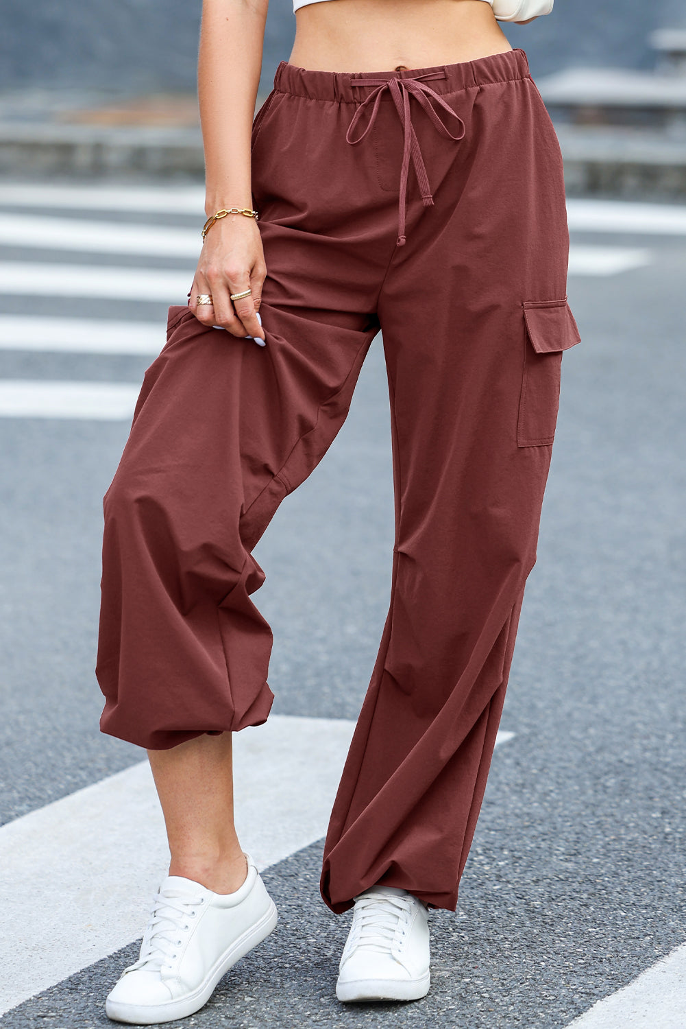 Mineral Red Solid Color Drawstring Waist Wide Leg Cargo Pants - Mudiwa 