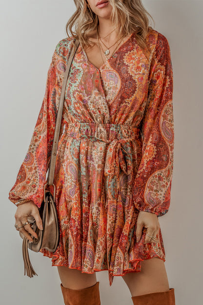 Orange Boho Paisley Print Long Sleeve Pleated Belted Mini Dress - Mudiwa 