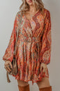 Orange Boho Paisley Print Long Sleeve Pleated Belted Mini Dress - Mudiwa 