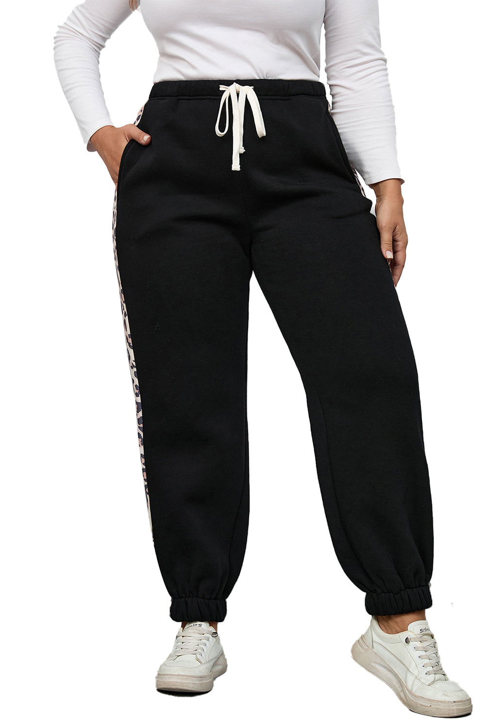 Black Plus Size Contrast Leopard Side Panel Joggers - Mudiwa 