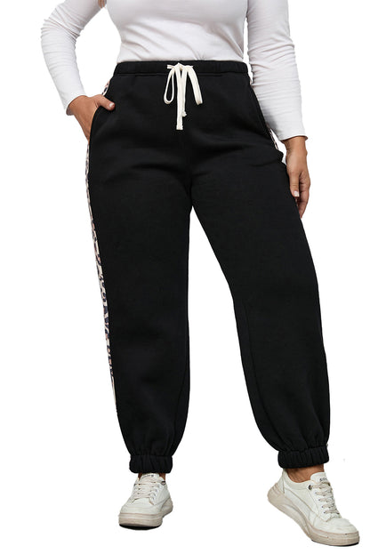 Black Plus Size Contrast Leopard Side Panel Joggers - Mudiwa 