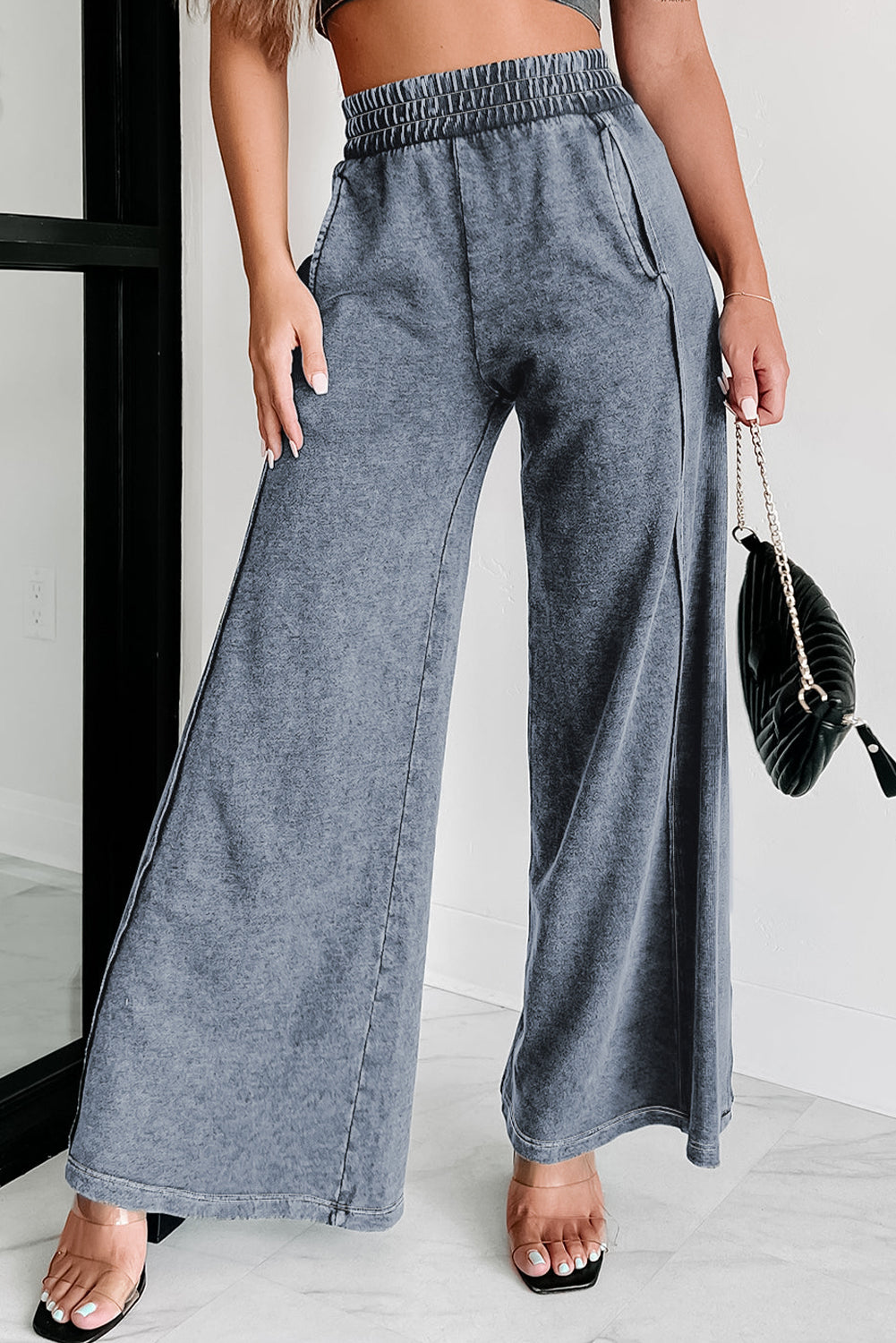 Black Mineral Wash Smocked Waistband Wide Leg Pants - Mudiwa 