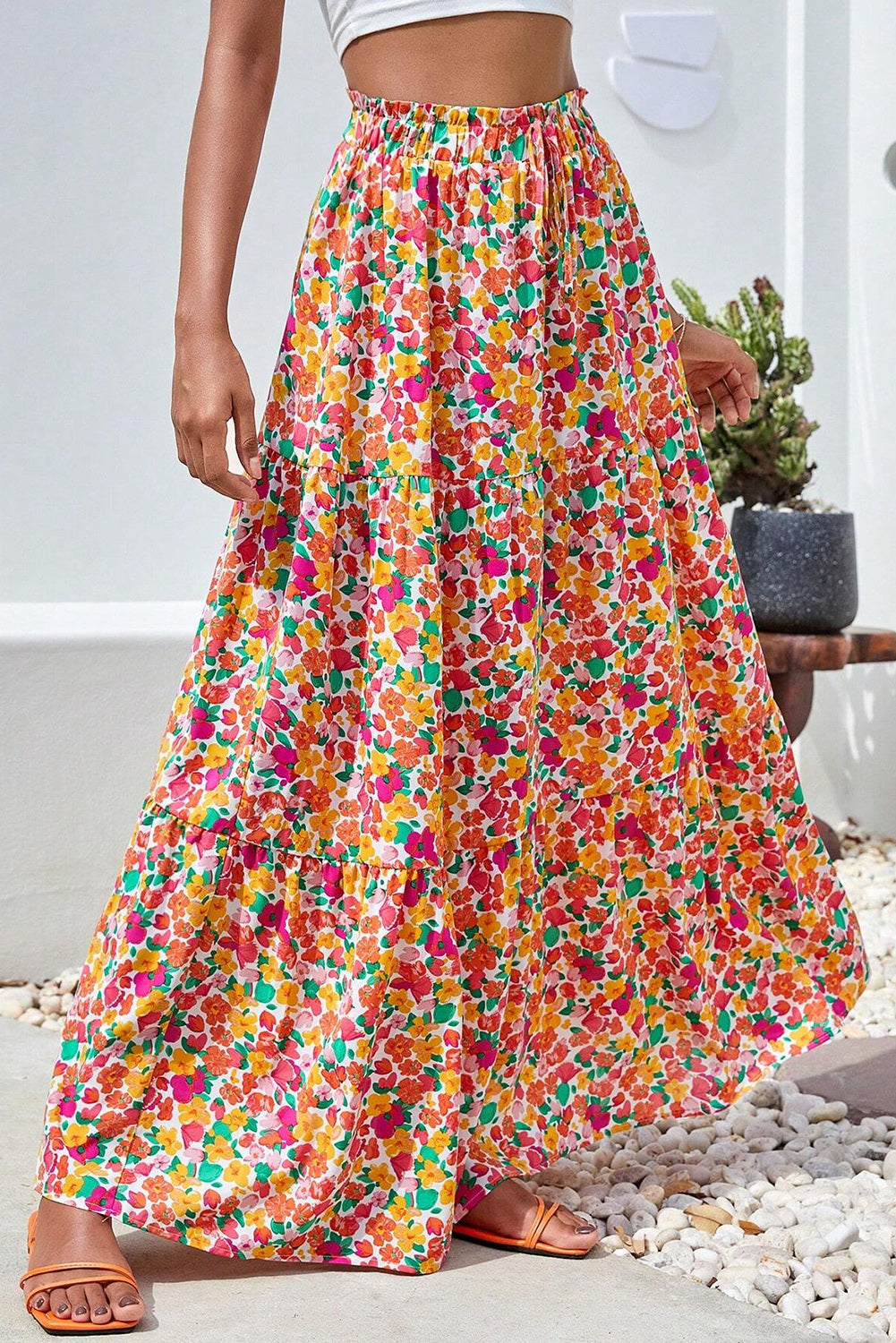 Yellow Boho Floral Print Tiered Long Skirt - Mudiwa 