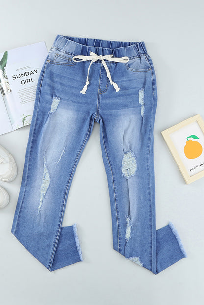 Sky Blue Drawstring Elastic Waist Hole Ripped Jeans - Mudiwa 