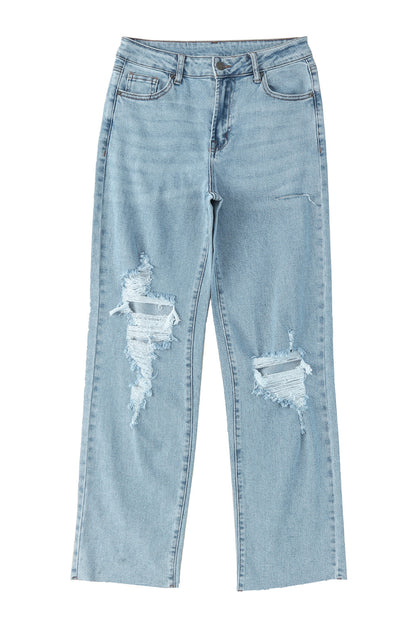 Sky Blue Distressed Frayed Hem Holed Straight Leg Loose Jeans - Mudiwa 