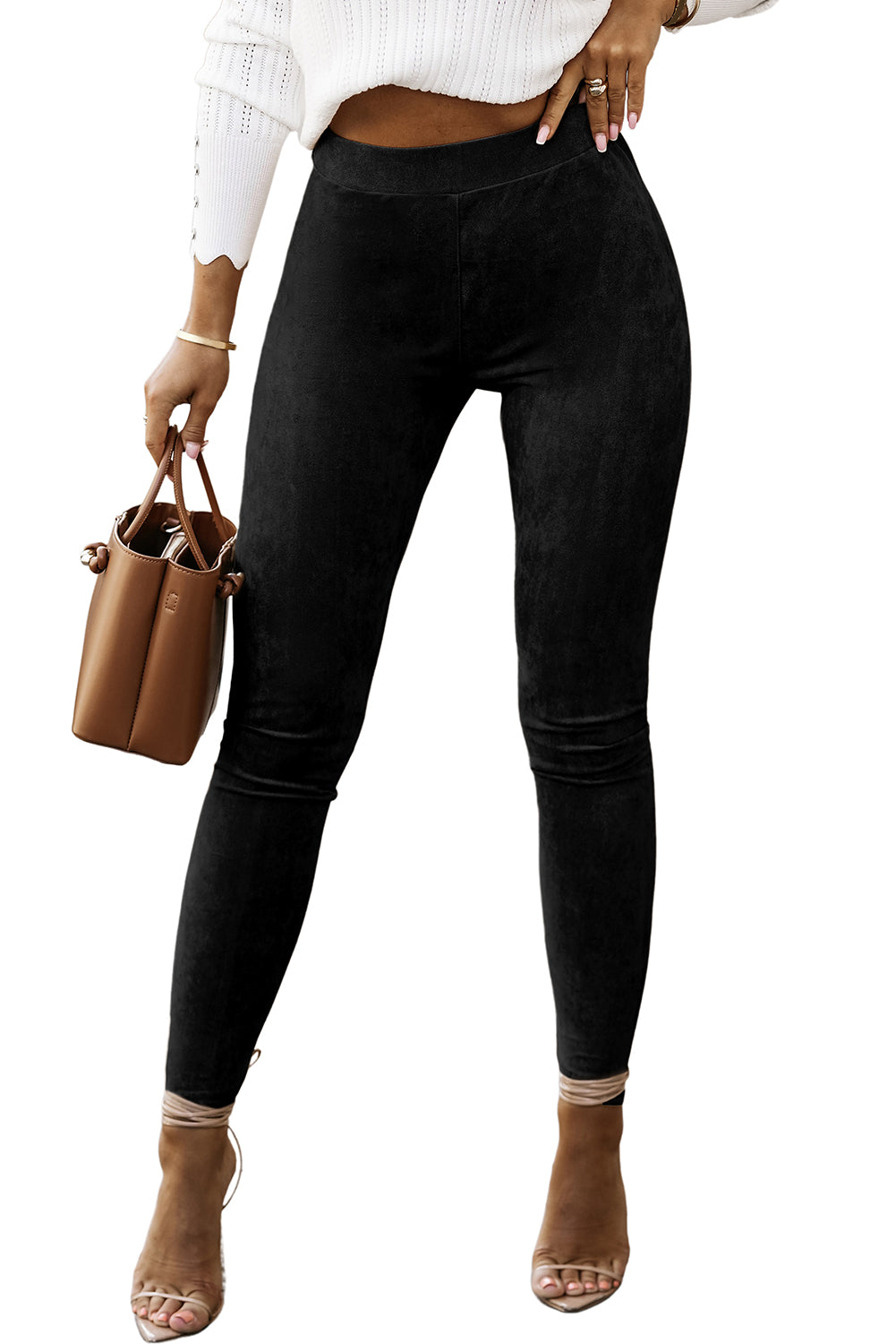 Black High Waist Faux Suede Skinny Leggings - Mudiwa 