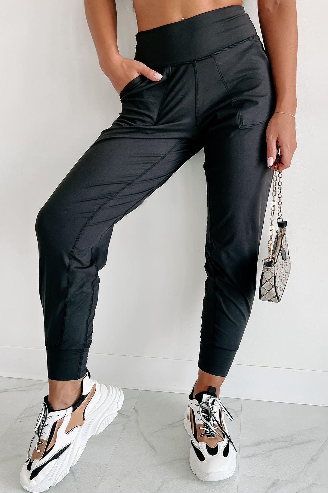 Black Exposed Seam High Waist Pocketed Joggers - Mudiwa 