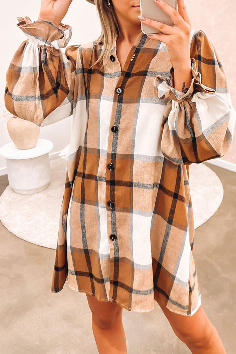 Khaki Plaid Pattern Collared Neck Ruffled Sleeve Shirt Dress - Mudiwa 