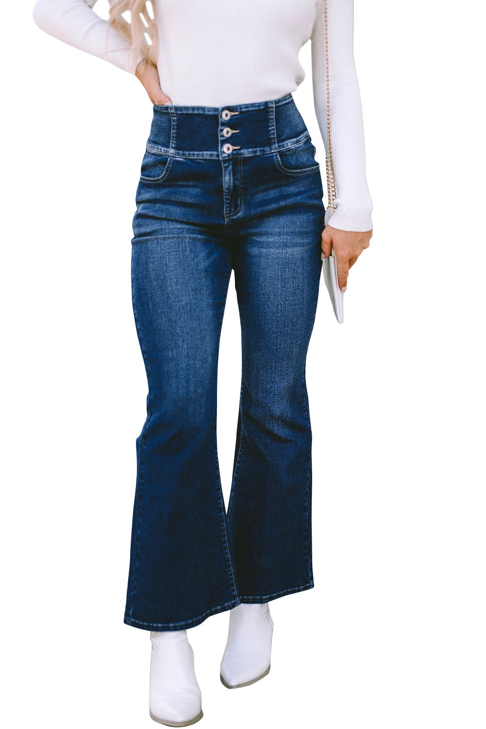 Blue Buttons Elastic Wide Waistband Back Flare Jeans - Mudiwa 