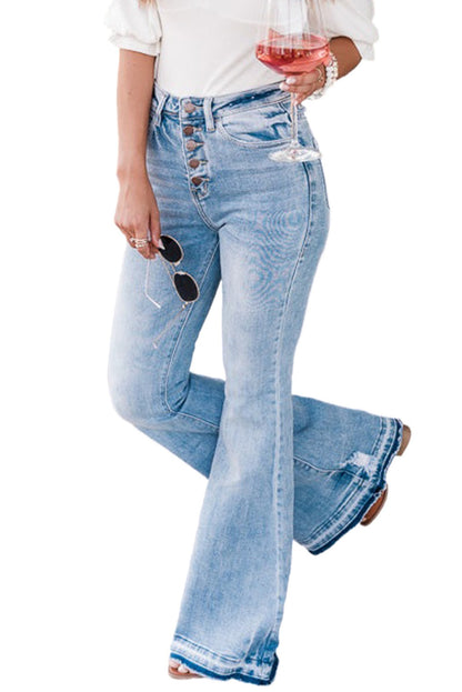 Sky Blue High Waist Buttoned Distressed Flared Jeans - Mudiwa 