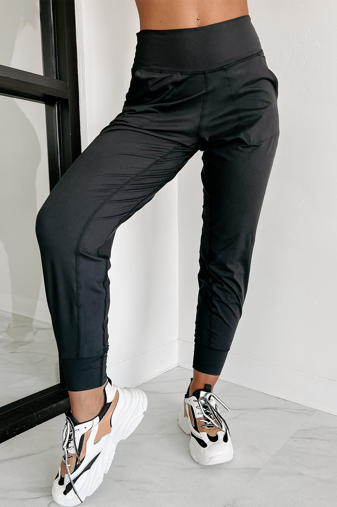 Black Exposed Seam High Waist Pocketed Joggers - Mudiwa 