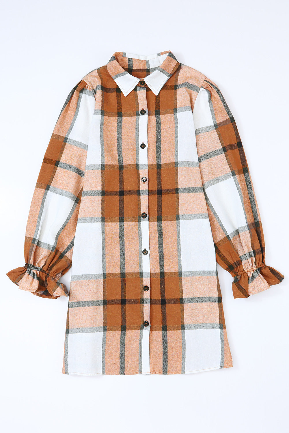 Khaki Plaid Pattern Collared Neck Ruffled Sleeve Shirt Dress - Mudiwa 