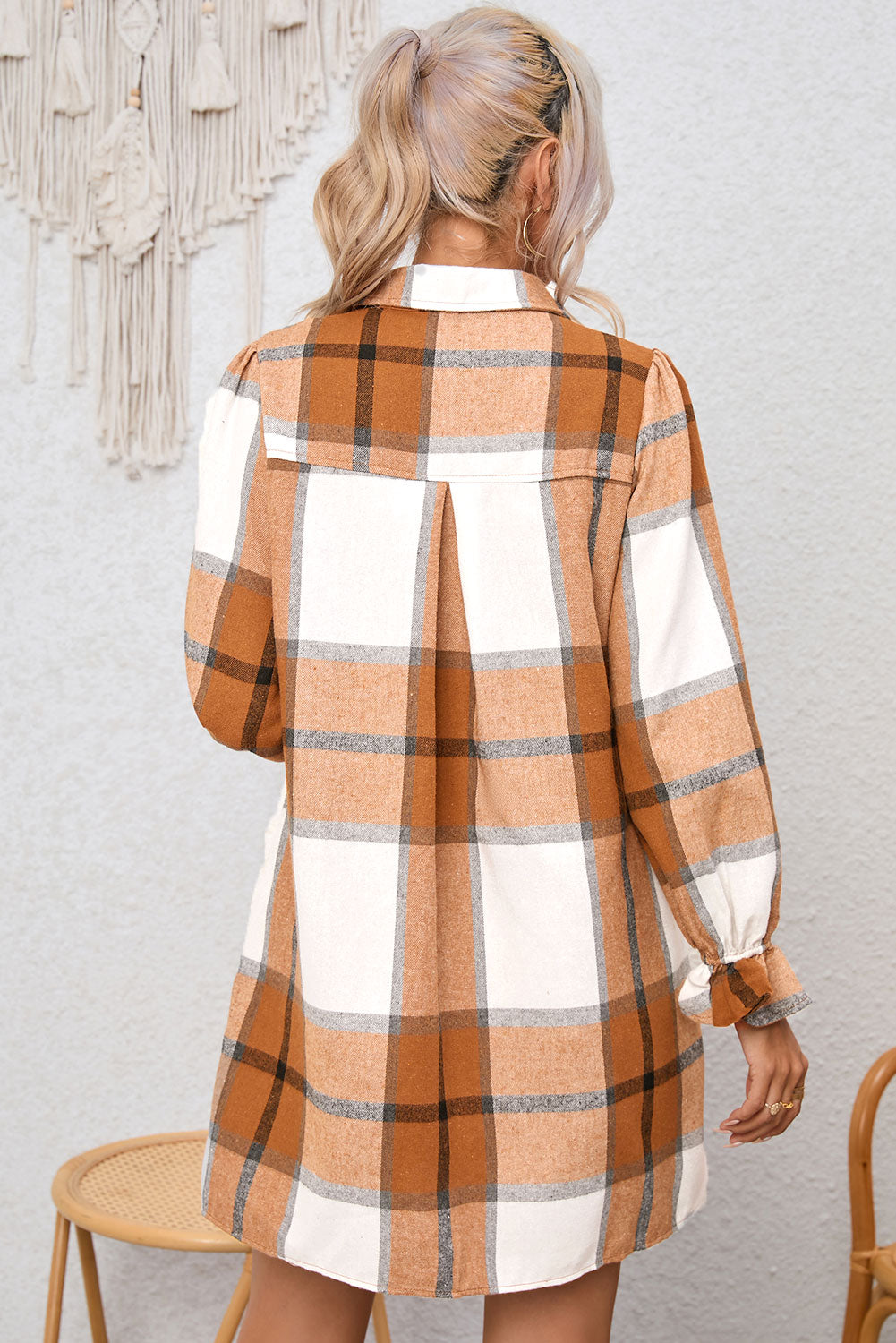 Khaki Plaid Pattern Collared Neck Ruffled Sleeve Shirt Dress - Mudiwa 