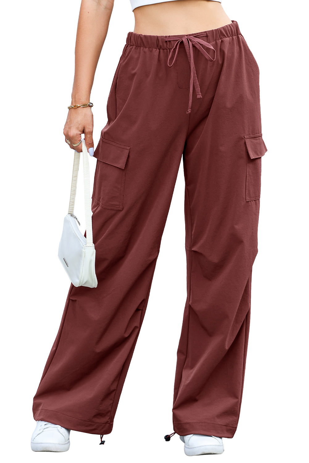 Mineral Red Solid Color Drawstring Waist Wide Leg Cargo Pants - Mudiwa 