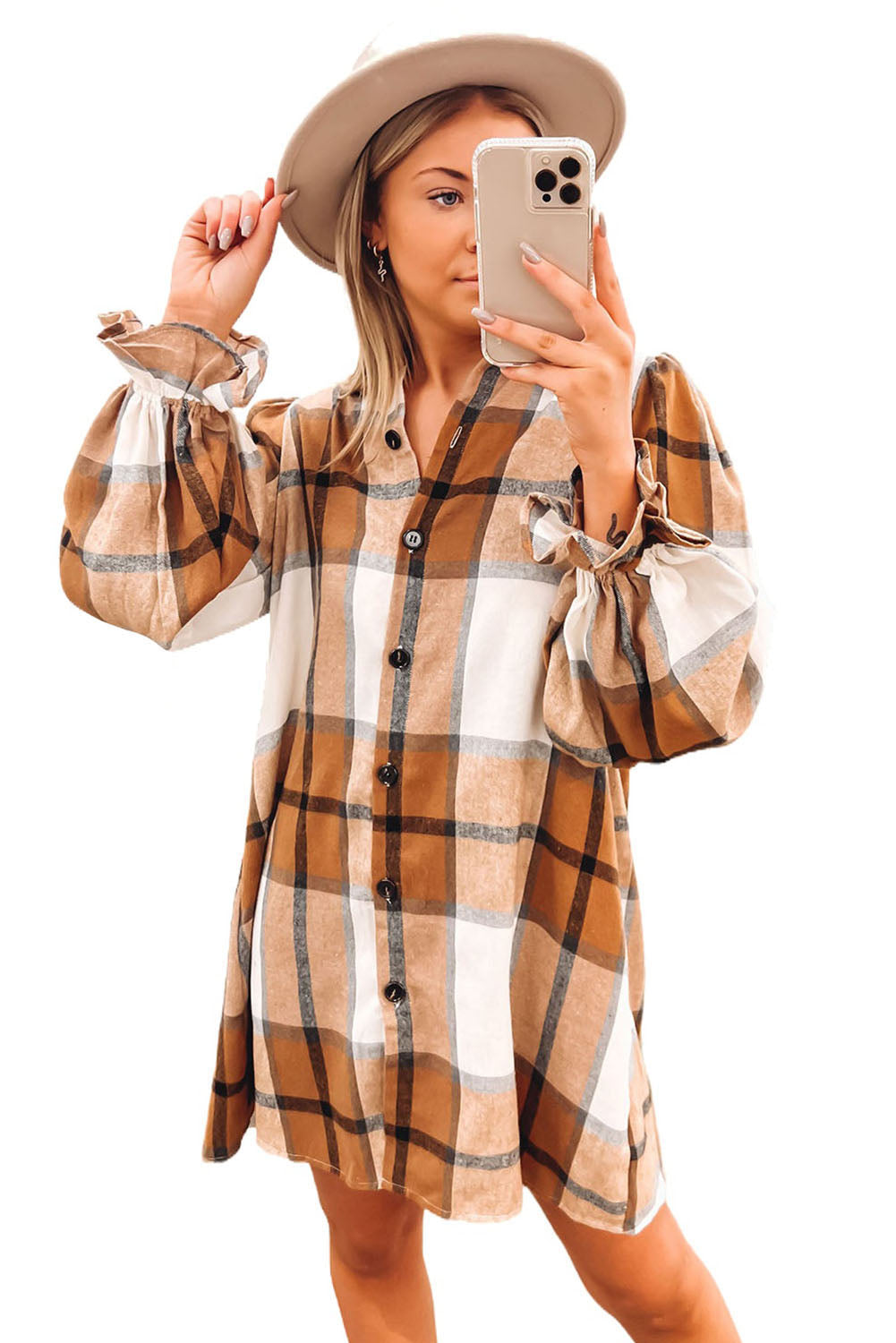 Khaki Plaid Pattern Collared Neck Ruffled Sleeve Shirt Dress - Mudiwa 