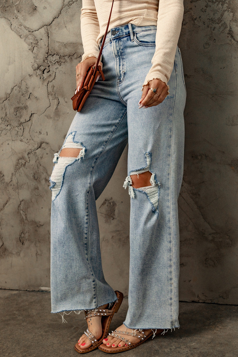 Sky Blue Distressed Frayed Hem Holed Straight Leg Loose Jeans - Mudiwa 