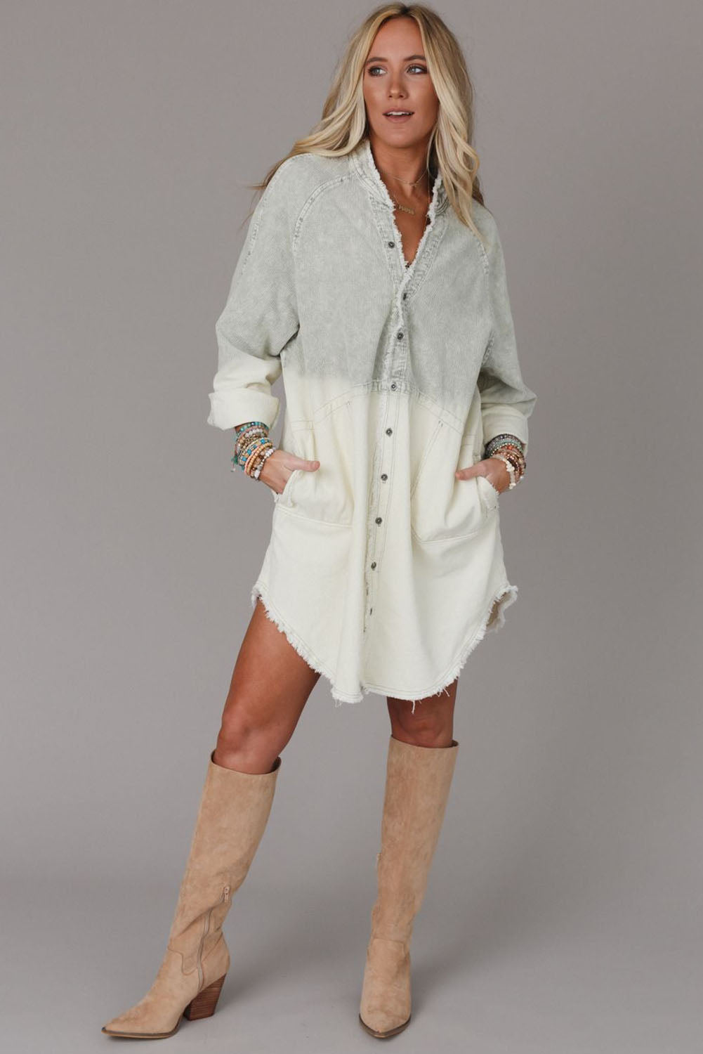 Gray Gradient Long Sleeve Button Up Raw Hem Denim Dress - Mudiwa 