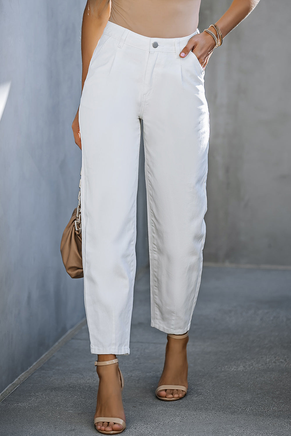 White Solid High Waist Casual Pants - Mudiwa 