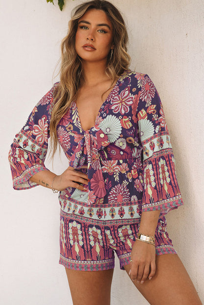 Purple Vintage Printed 3/4 Sleeves V Neck Romper - Mudiwa 