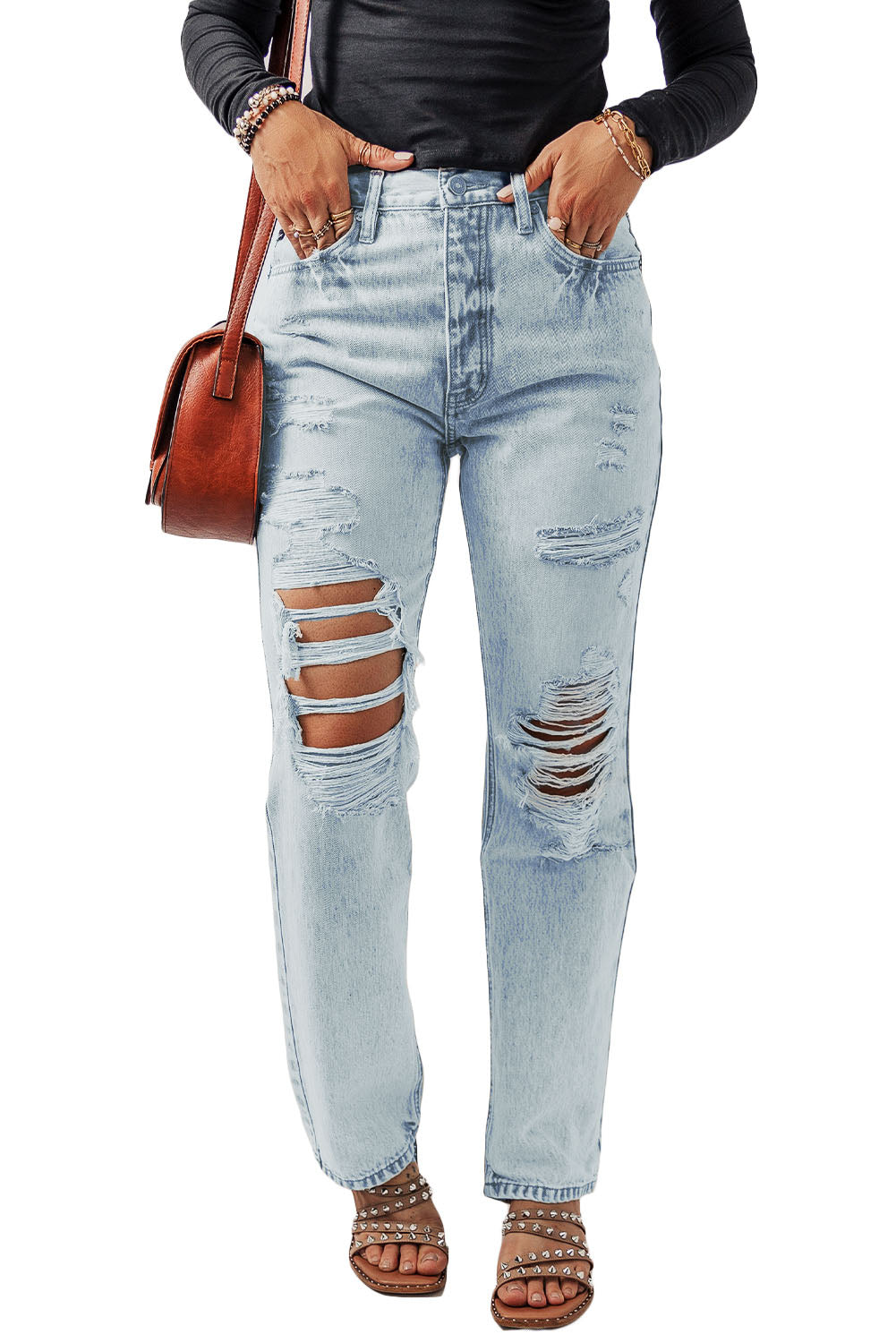 Beau Blue Vintage Acid Wash Distressed Straight Leg Jeans - Mudiwa 