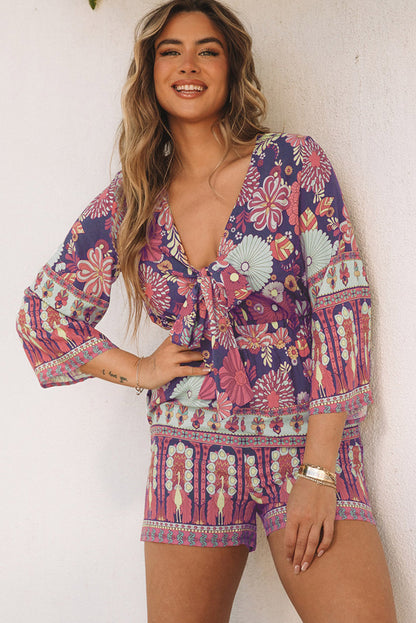 Purple Vintage Printed 3/4 Sleeves V Neck Romper - Mudiwa 