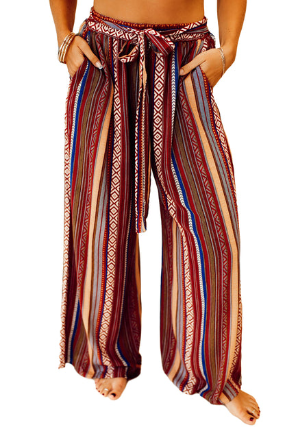 Red Boho Ethnic Striped Print Tie Waist Wide Leg Pants - Mudiwa 