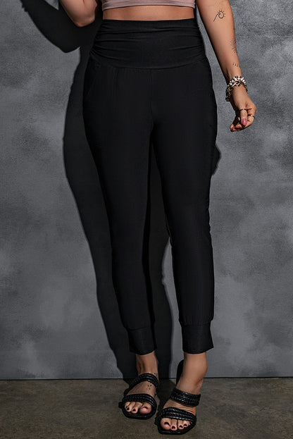 Black High Waist Pleated Pocket Leggings - Mudiwa 