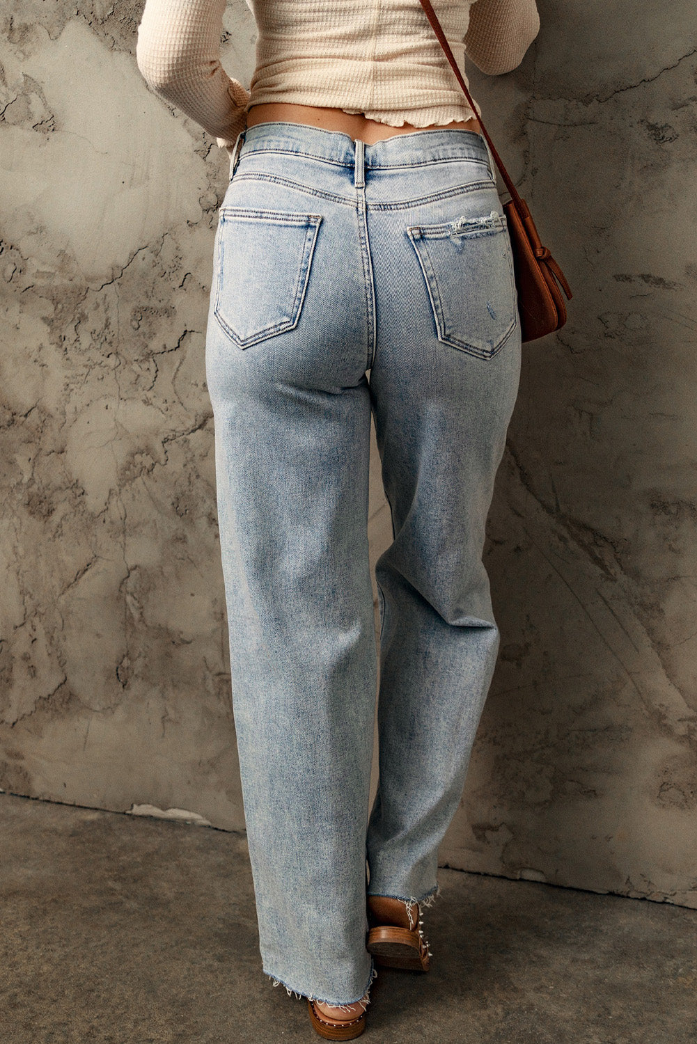 Sky Blue Distressed Frayed Hem Holed Straight Leg Loose Jeans - Mudiwa 