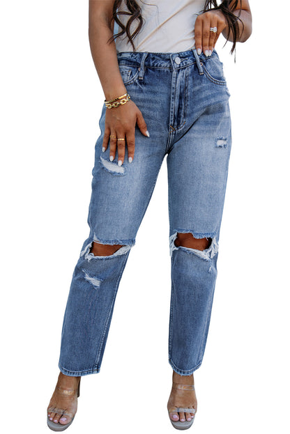 Sky Blue Open Knee Cutout Straight Leg Jeans - Mudiwa 