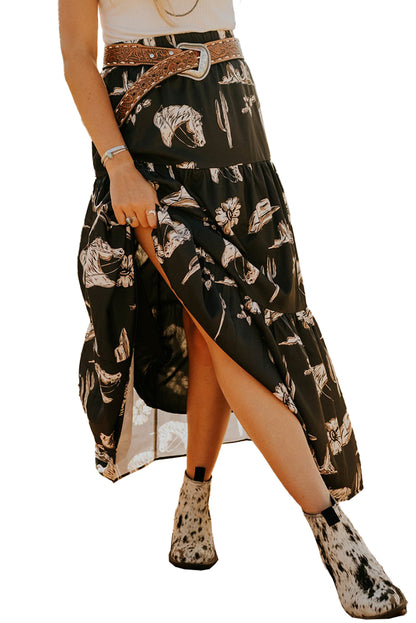 Black Western Print Tiered Ruffled High Waist Maxi Skirt - Mudiwa 