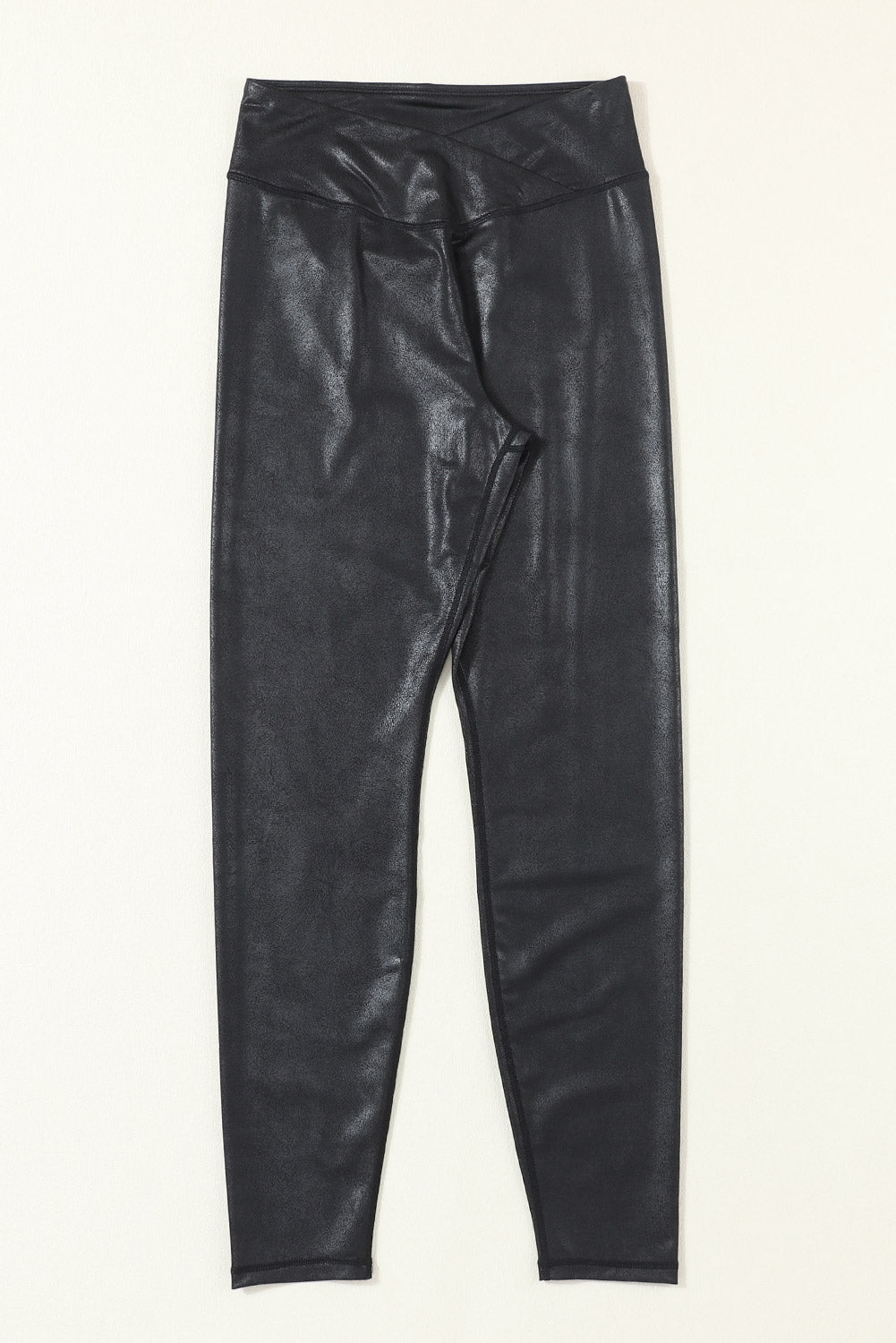 Black Crossed Dip Waist Sleek Leather Leggings - Mudiwa 