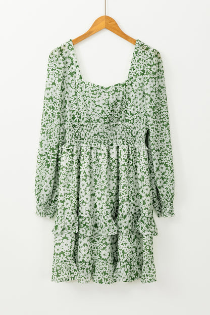 Green Floral Print Square Neck Shirred Waist Tiered Ruffled Mini Dress - Mudiwa 