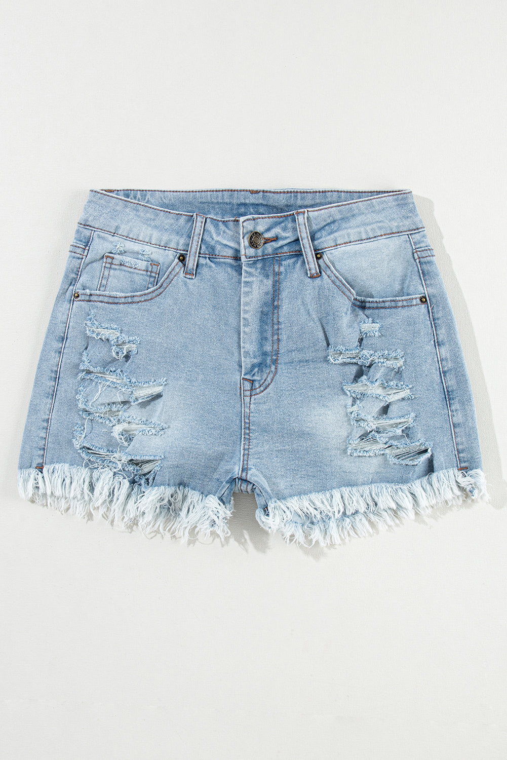 Light Blue Distressed Ripped Raw Hem High Waist Denim Shorts - Mudiwa 