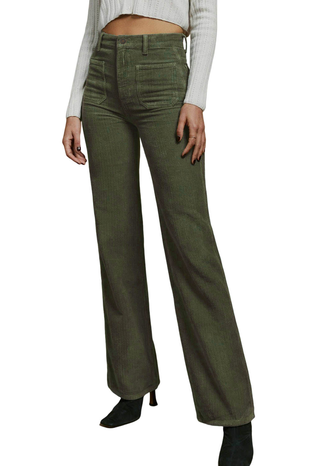 Green High Waist Square Pockets Corduroy Pants - Mudiwa 