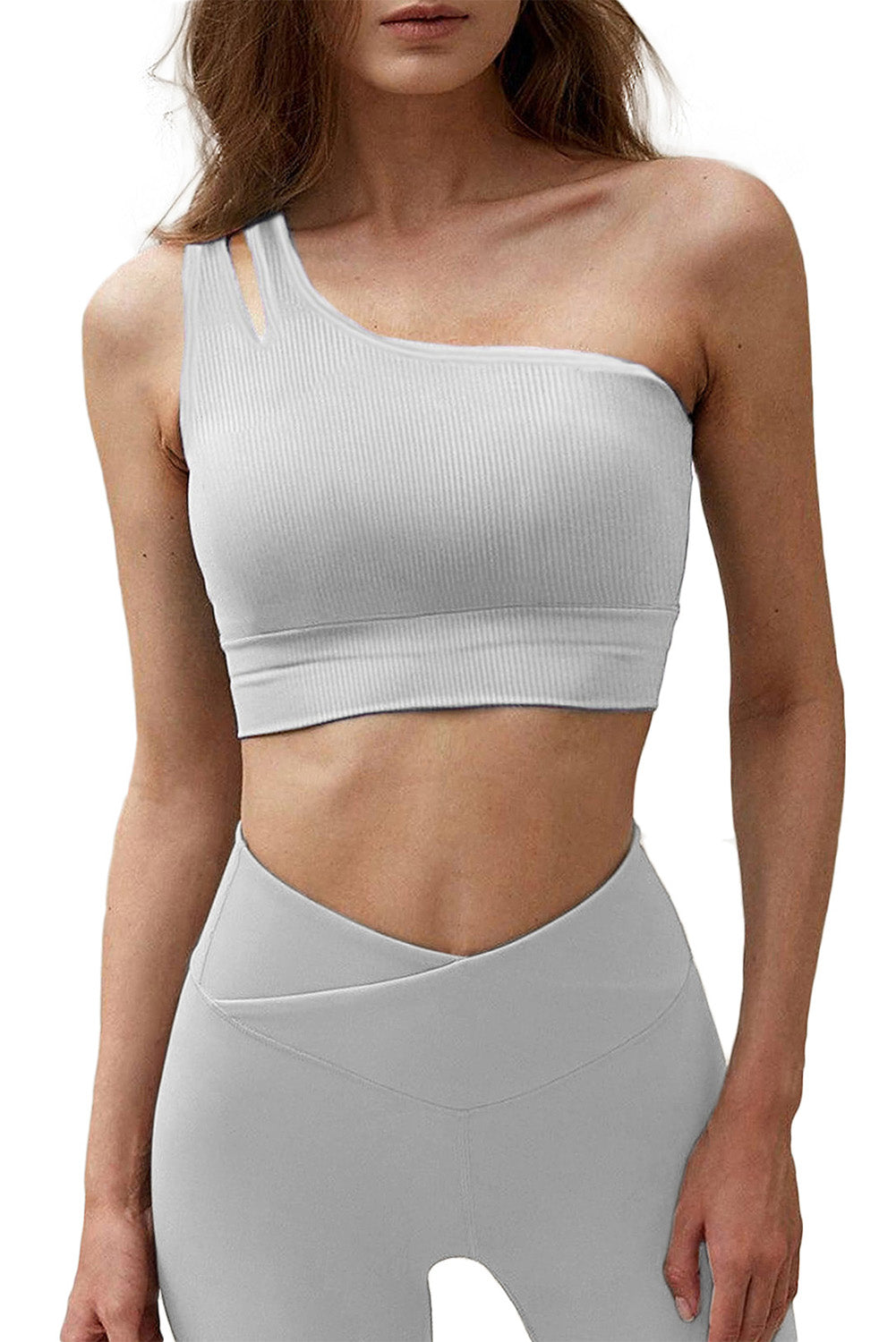 Gray Single Split Shoulder Ribbed Sports Bra - Mudiwa 