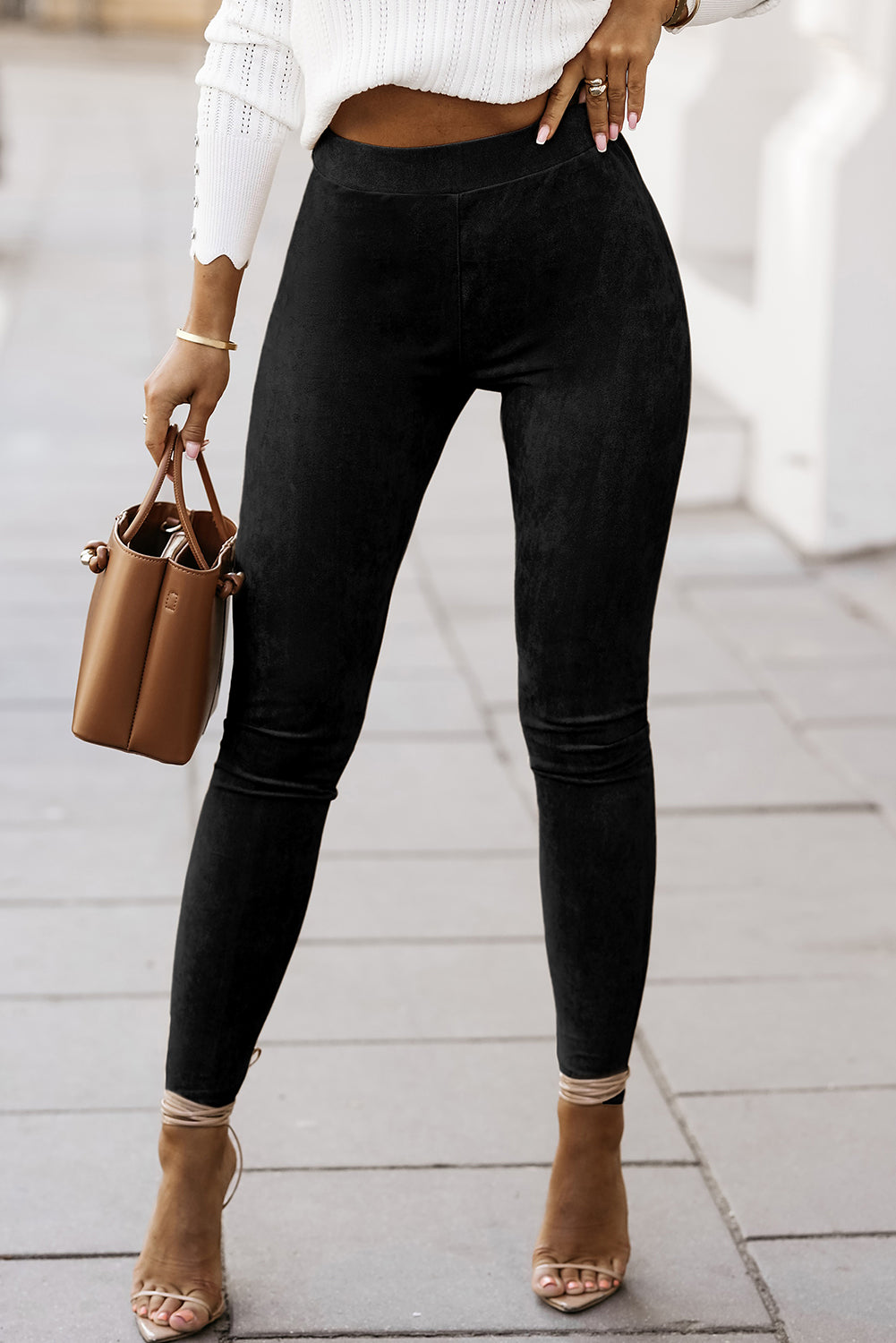 Black High Waist Faux Suede Skinny Leggings - Mudiwa 