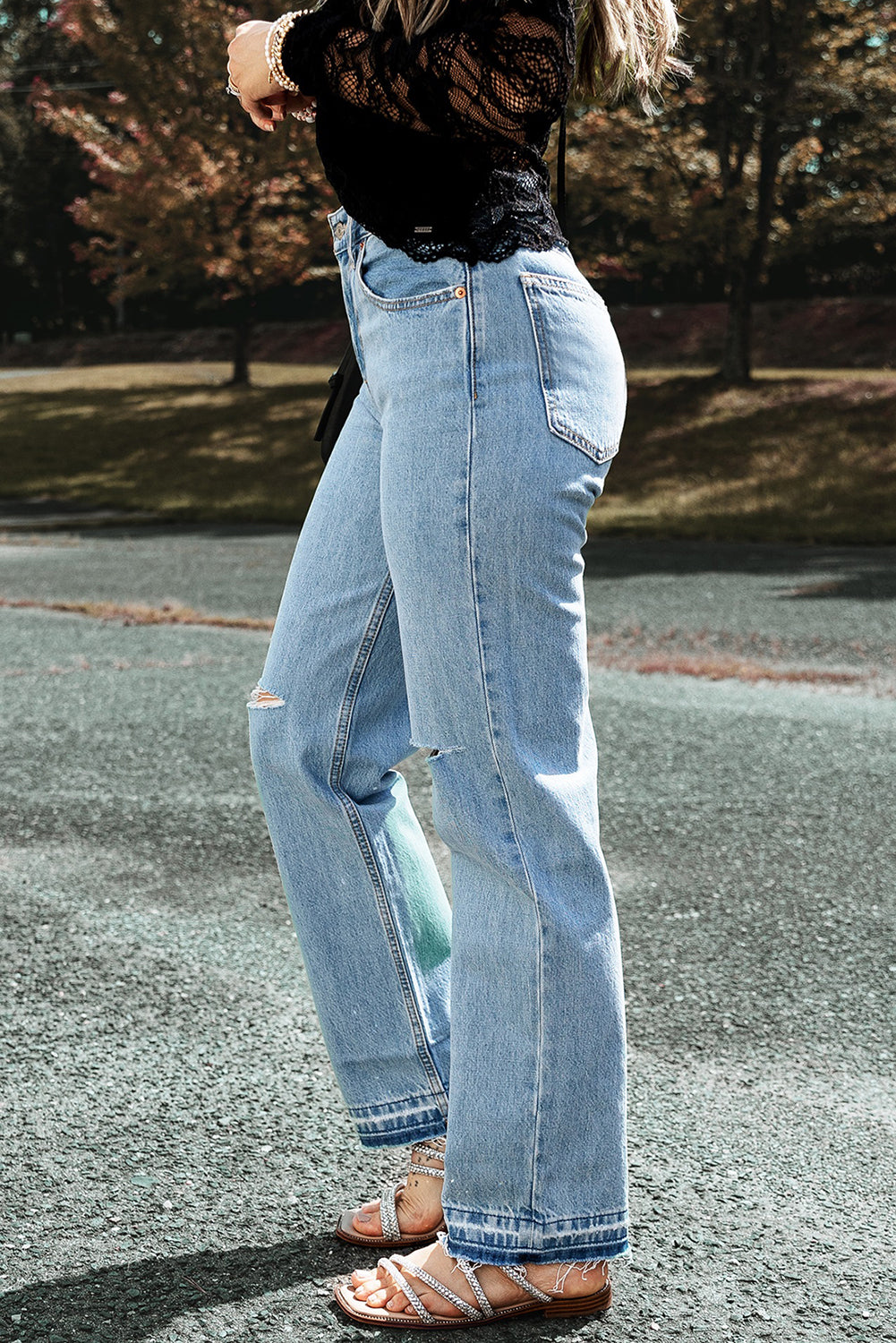 Light Blue Distressed Slit Leg Raw Edge Straight Jeans - Mudiwa 