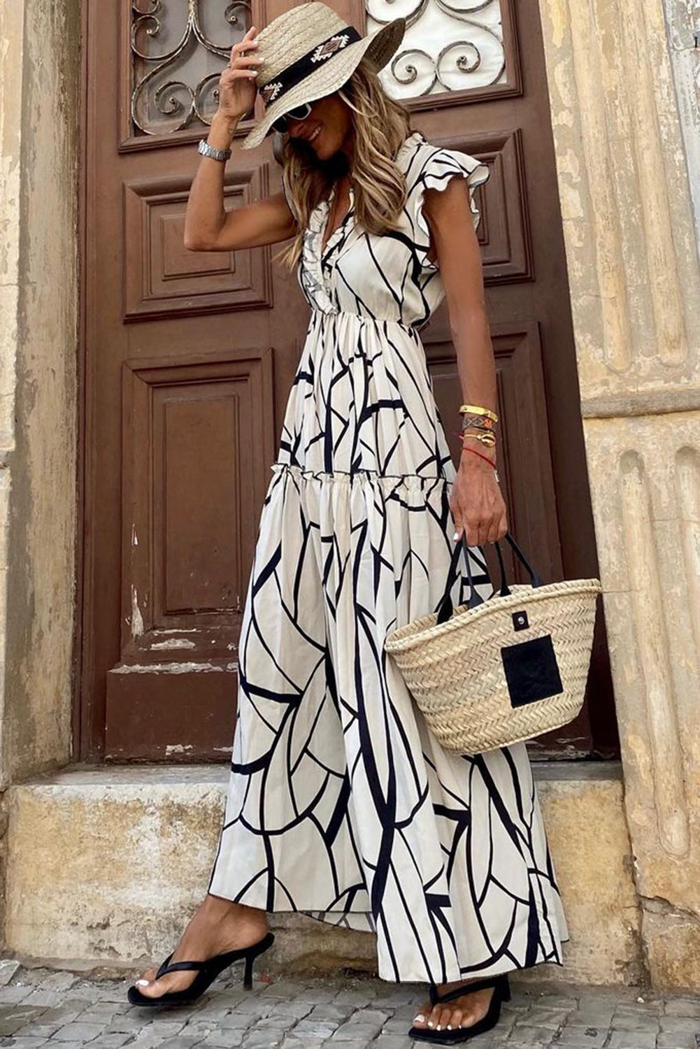 White Abstract Vein Print V Neck Ruffle Maxi Dress - Mudiwa 