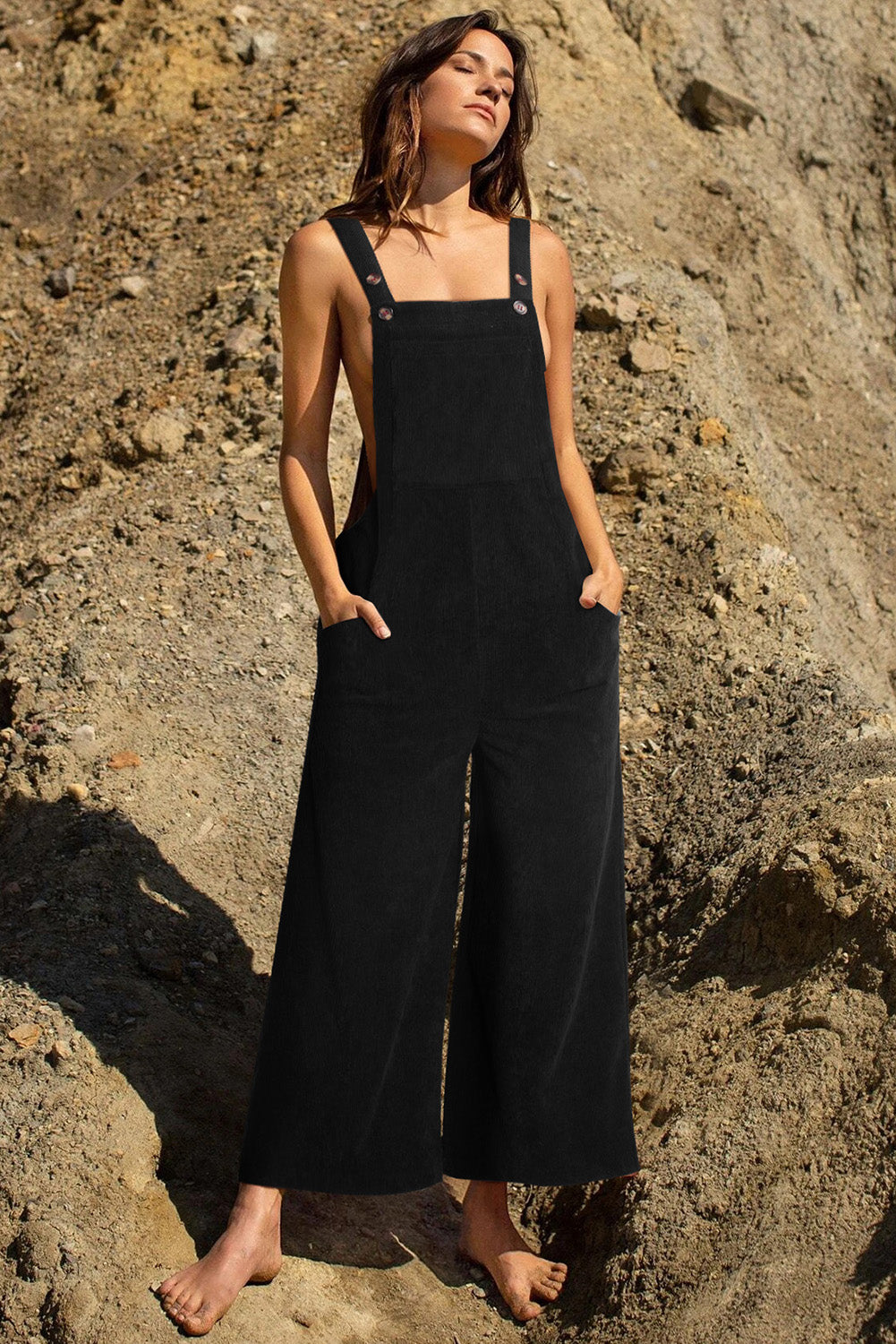 Black Solid Color Corduroy Wide Leg Bib Overalls - Mudiwa 