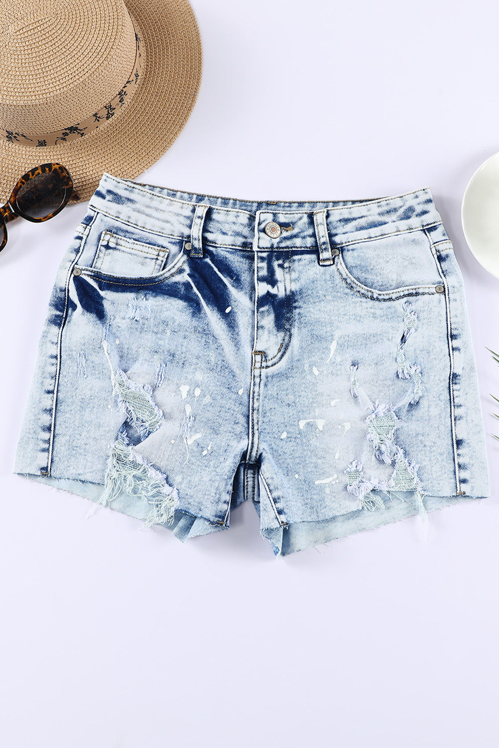 Sky Blue Distressed Bleached Denim Shorts - Mudiwa 