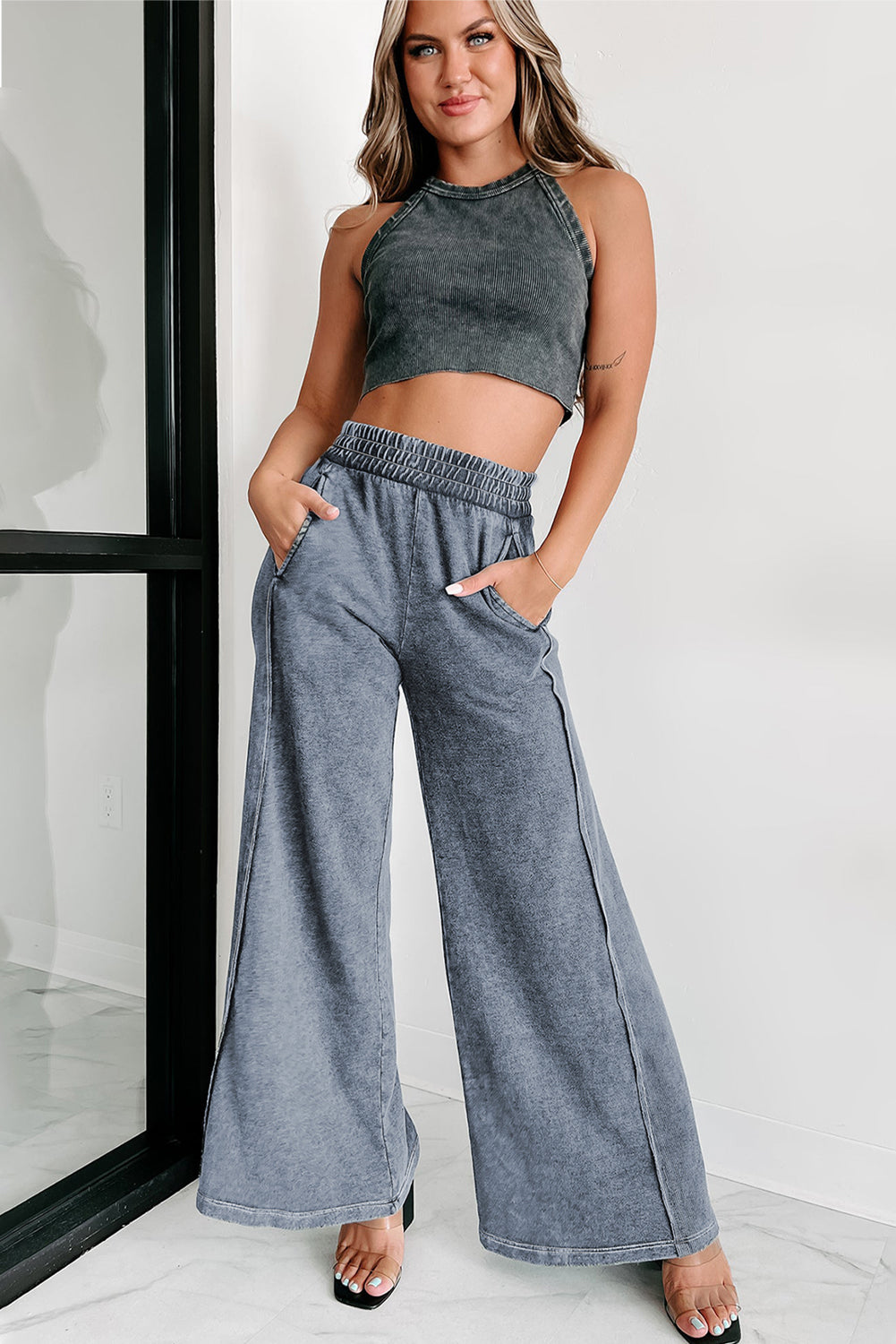 Black Mineral Wash Smocked Waistband Wide Leg Pants - Mudiwa 