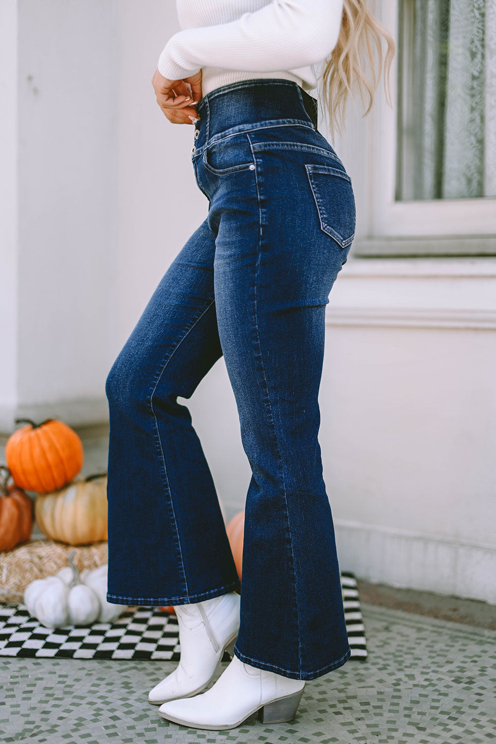 Blue Buttons Elastic Wide Waistband Back Flare Jeans - Mudiwa 