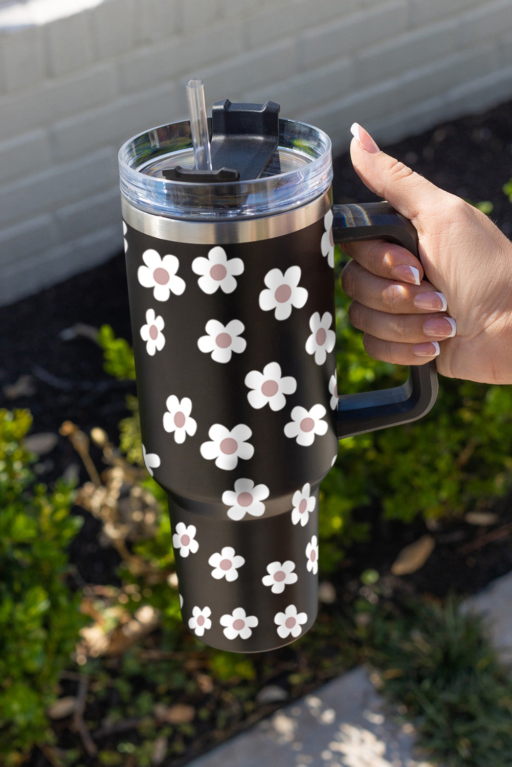 Black Floret Print Stainless Tumbler With Lid And Straw - Mudiwa 