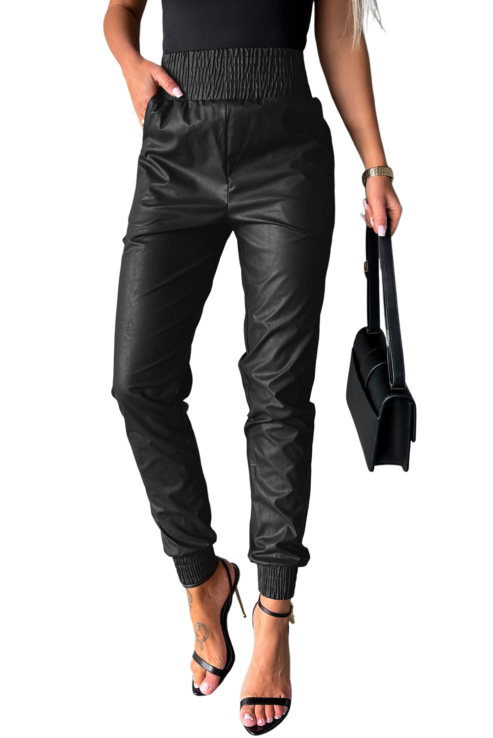 Black Smocked High-Waist Leather Skinny Pants - Mudiwa 