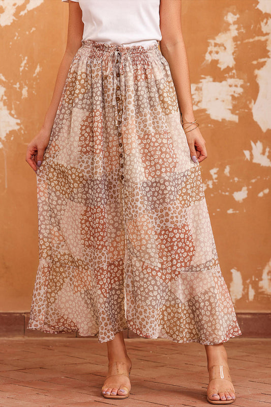 Apricot Boho Flower Print Smocked Waist Button Slit Maxi Skirt - Mudiwa 