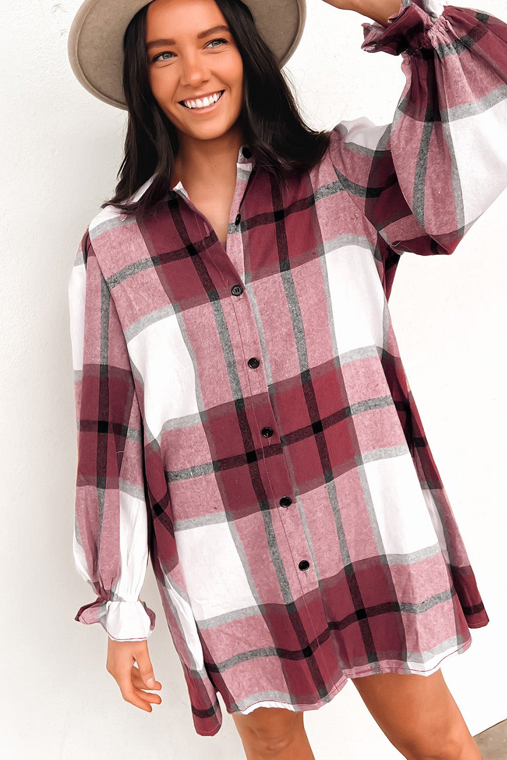 Plaid Pattern Collared Neck Ruffled Sleeve Shirt Dress - Mudiwa 