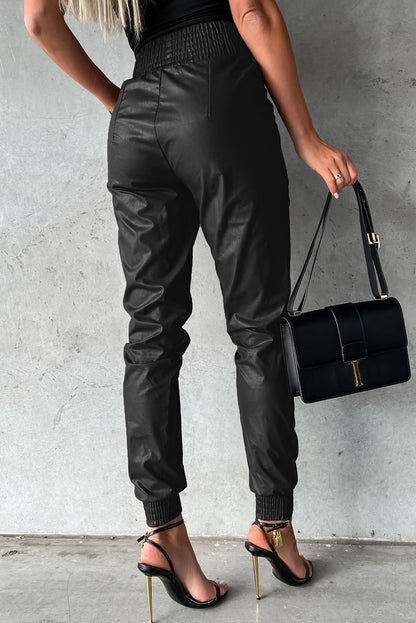 Black Smocked High-Waist Leather Skinny Pants - Mudiwa 